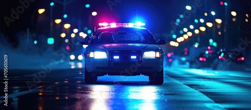 Nighttime police car with lights flashing