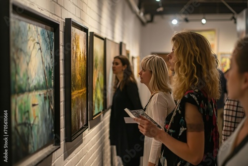 People in an art gallery looking at artwork. It's a gallery opening with artist and gallery owner guiding people through the exhibition.  photo