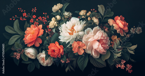 Vintage bouquet of exquisite flowers on a black background. Baroque, old-fashioned elegance in a natural pattern, perfect for wallpaper or a stylish greeting card. © akromin