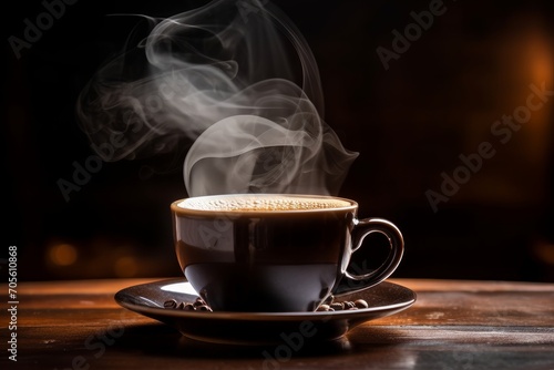 Photo of a freshly brewed cup of artisanal coffee with steam rising. Generative AI