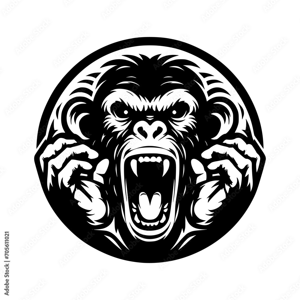 Obraz premium Vector logo of a raging gorilla. Professional logo of a chimpanzee. Black and white logo of an ape isolated on white background.