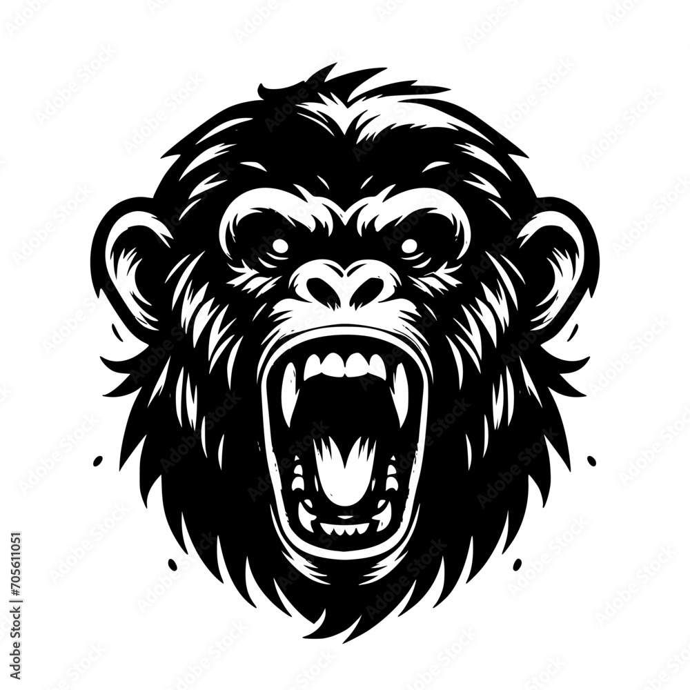 Fototapeta premium Vector logo of a raging gorilla. Professional logo of a chimpanzee. Black and white logo of an ape isolated on white background.