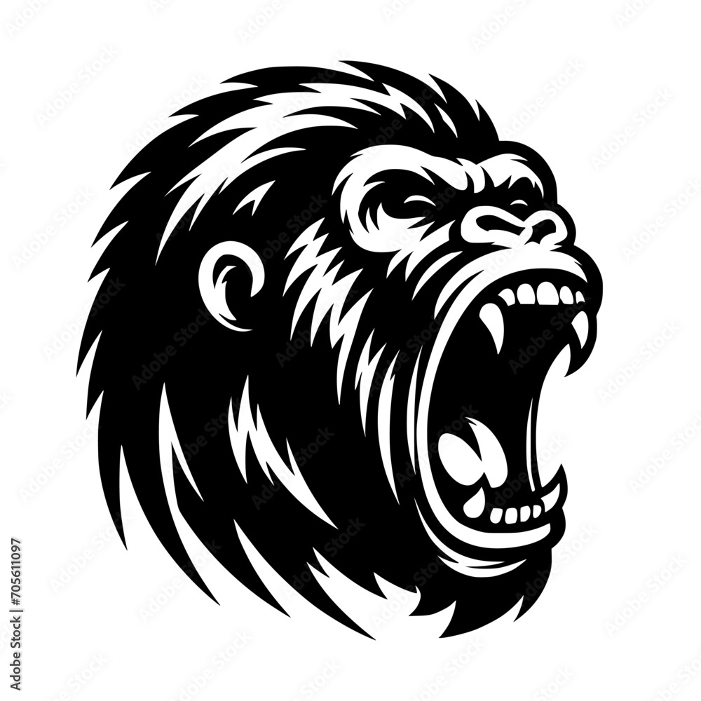 Vector logo of a raging gorilla. Professional logo of a chimpanzee. Black and white logo of an ape isolated on white background. Vector logo of a raging gorilla. Professional logo of a chimpanzee. Black and white logo of an ape isolated on white background.