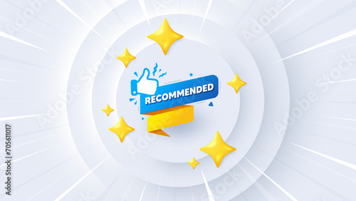 Recommended paper banner. Neumorphic offer 3d banner, coupon. Best deal tag. Bubble with thumbs up icon. Recommended banner promo event background. Sunburst banner, flyer or poster. Vector