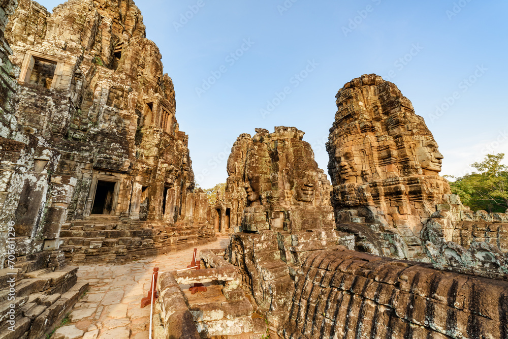 Ruins of Bayon temple in Angkor Thom in evening sun, Cambodia