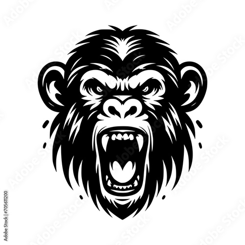 Vector logo of a raging gorilla. Professional logo of a chimpanzee. Black and white logo of an ape isolated on white background.