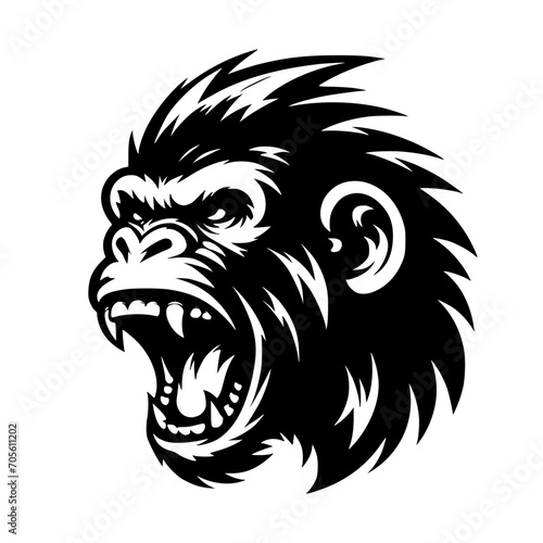 Vector logo of a raging gorilla. Professional logo of a chimpanzee. Black and white logo of an ape isolated on white background.