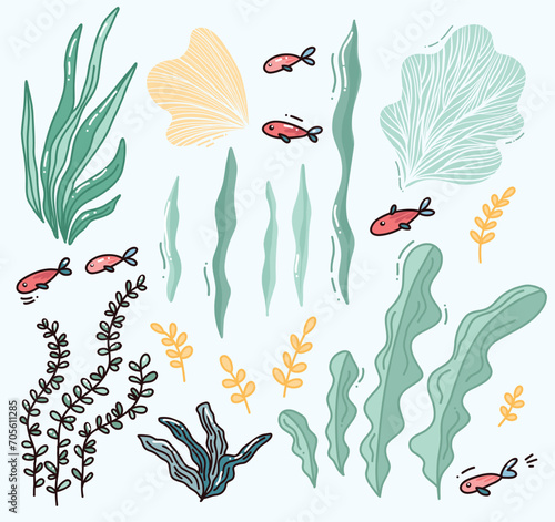 hand drawn vector illustration of ocean seaweeds with fish