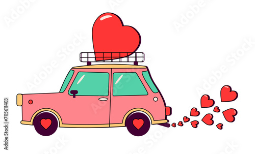 Funny cartoon car for Valentine's Day. Car with  heart on top of trunk and hearts coming out of the exhaust pipe. Love and romance. Retro style. Vector illustration isolated.