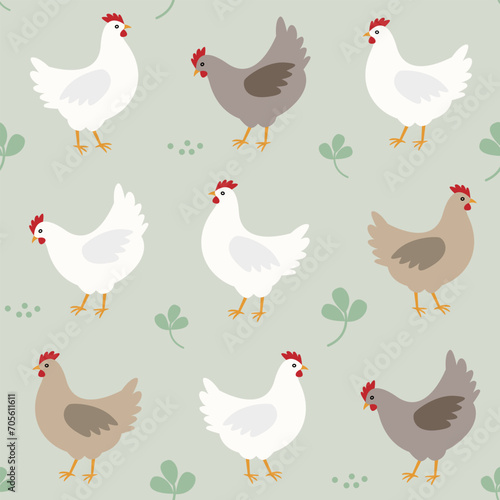 Seamless pattern with various colored chicken.