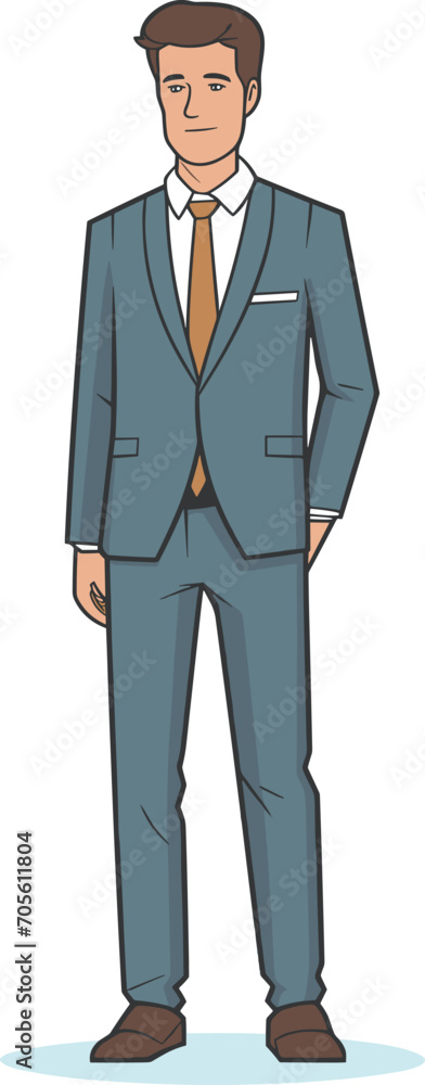 A man in a blue suit stands confidently with his hands at his sides in this vector illustration.