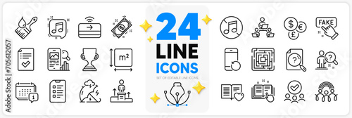 Icons set of Approved checklist, No music and Award cup line icons pack for app with Inclusion, Fake information, Technical documentation thin outline icon. Calendar, Search employee. Vector