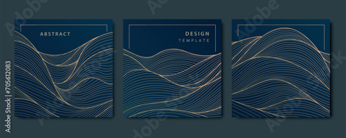 Vector set of art deco cards, line wave patterns, japanese style sea illustrations. Vintage luxury abstract graphic, gold shape elements