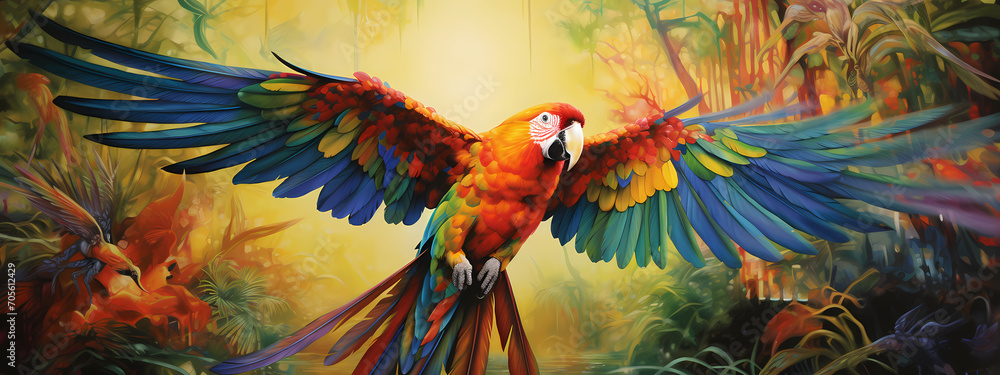 Fototapeta premium Tropical Splendor: The Vibrant Parrot's Display