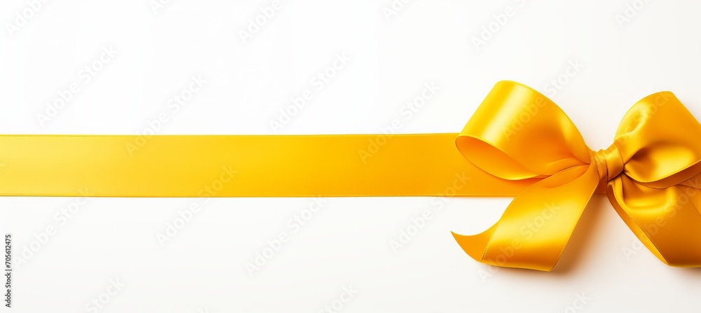 Golden ribbon bow with long straight ribbon for festive banner isolated on white background Golden ribbon bow with long straight ribbon for festive banner isolated on white background