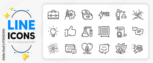Food delivery, Fireworks explosion and Chemistry lab line icons set for app include Cogwheel dividers, Local grown, Vr outline thin icon. Square area, Algorithm, Like pictogram icon. Vector