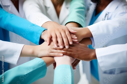 Diverse and united unrecognizable multiethnic medical team demonstrating unity by stacking hands photo