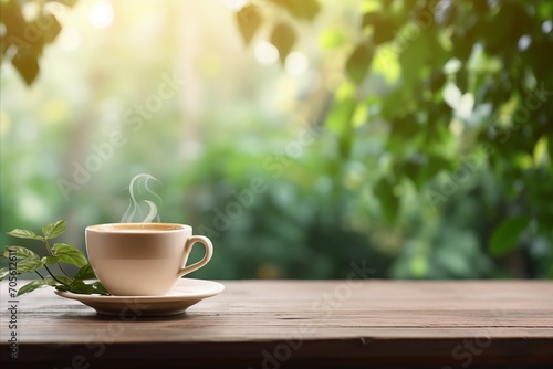 Steaming cup of freshly brewed coffee on table with blurred background and copy space for text
