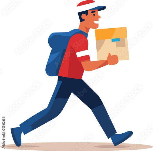 A delivery person is briskly walking with a package in a vector illustration.