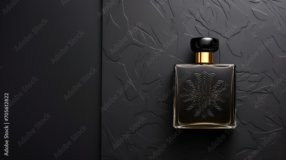 Mockup of black fragrance perfume bottle mockup on dark background, generative ai - obrazy, fototapety, plakaty 