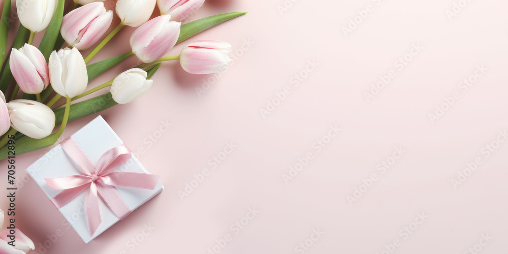Bunch of tulips, holiday gift box on a pink background. There is empty space on the side of the photo for text and advertising. Holiday banner.Flat lay. Top view Bunch of tulips, holiday gift box on a pink background. There is empty space on the side of the photo for text and advertising. Holiday banner.Flat lay. Top view