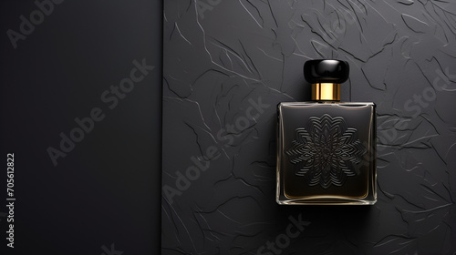 Mockup of black fragrance perfume bottle mockup on dark background, generative ai photo