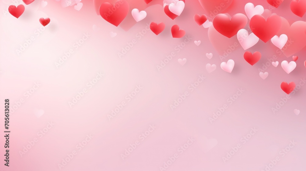 Valentines Day pink background with red and pink flying hearts. Greeting card with copy space