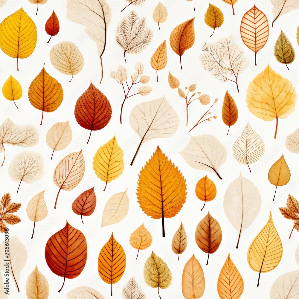 Obraz premium Seamless pattern translucent autumn foliage skeleton in vibrant colors on white background