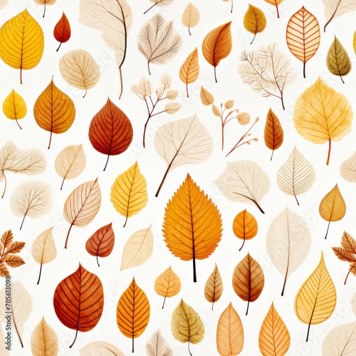 Seamless pattern translucent autumn foliage skeleton in vibrant colors on white background