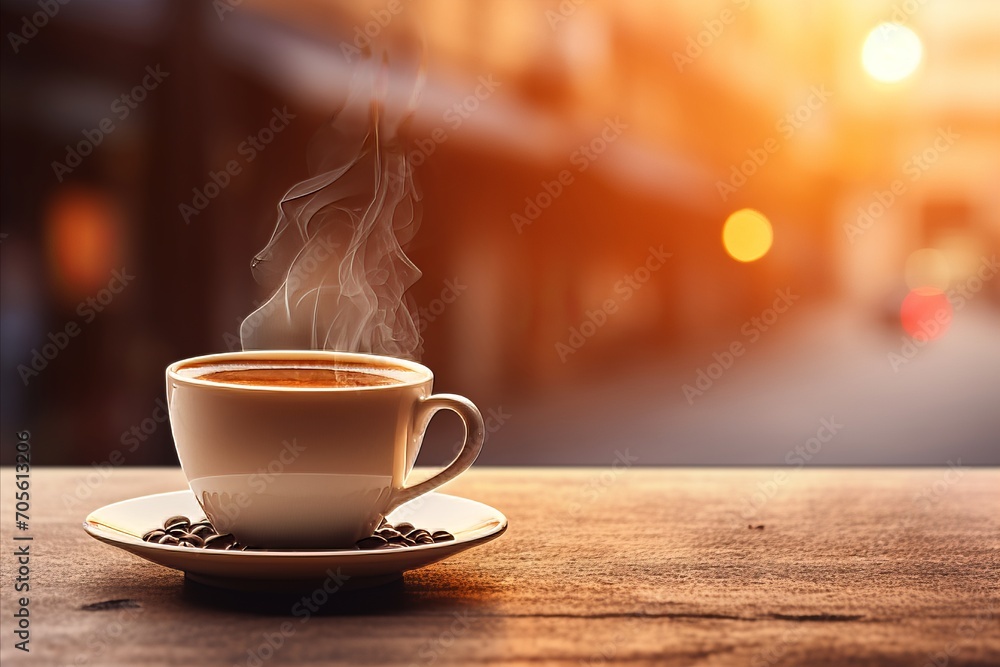 Morning serenity steaming cup of coffee on table blurred background with text space Morning serenity steaming cup of coffee on table blurred background with text space