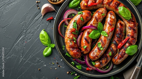 A plate of fried sausages with onions, garlic and basil on a dark gray background. Top view, space for copy 