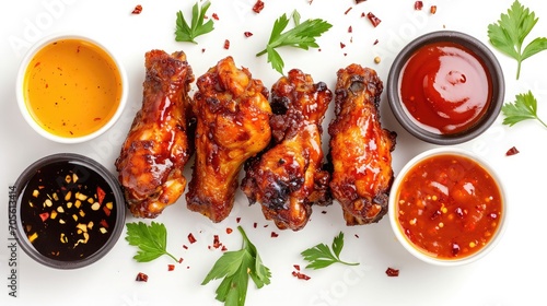 Air fryer chicken wings glazed with hot chilli sauce and served with different sauces. isolated on white background . top view 