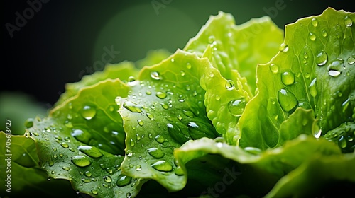Vibrant green lettuce leaves with glistening water droplets   macro shot  canon eos r, f5.6