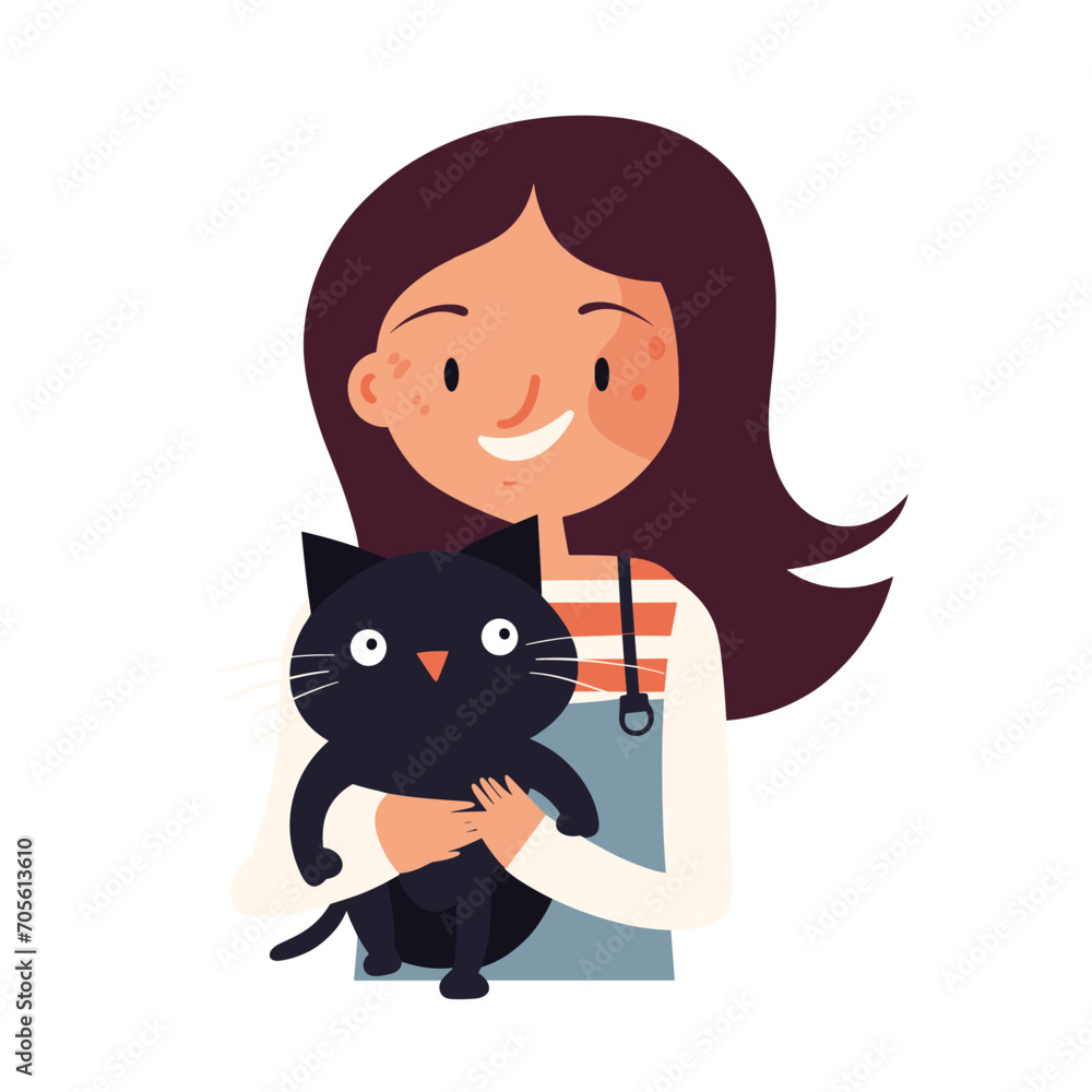A girl is holding a happy black cat in this colorful vector illustration. A girl is holding a happy black cat in this colorful vector illustration.