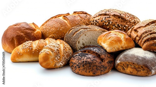 Assortment of baked bread on wooden table background 