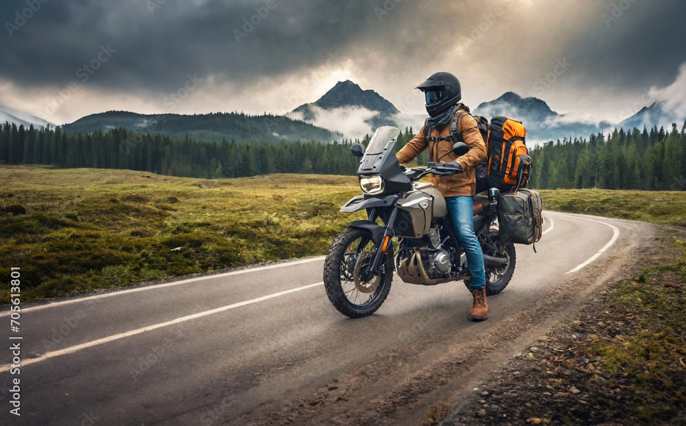 Adventurous motorcycle rider on the road on a motorcycle with camping bags