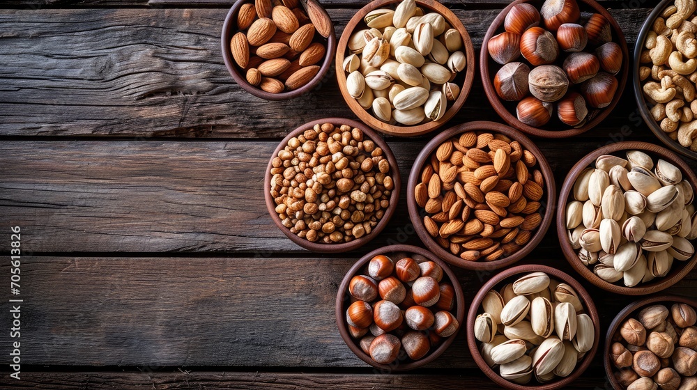 Assortment of nuts in bowls. Cashews, hazelnuts, walnuts, pistachios, pecans, pine nuts, peanuts, macadamia, almonds, brazil nuts. Food mix on wooden background, top view, copy space Assortment of nuts in bowls. Cashews, hazelnuts, walnuts, pistachios, pecans, pine nuts, peanuts, macadamia, almonds, brazil nuts. Food mix on wooden background, top view, copy space