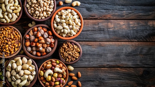 Assortment of nuts in bowls. Cashews, hazelnuts, walnuts, pistachios, pecans, pine nuts, peanuts, macadamia, almonds, brazil nuts. Food mix on wooden background, top view, copy space 