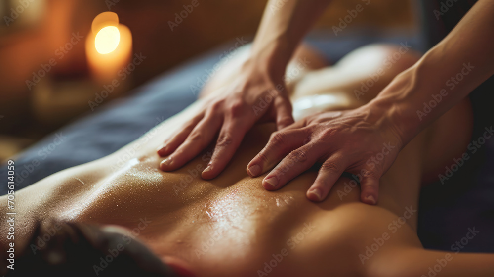 Close-up of a man receiving therapeutic, relaxing back massage in a serene spa setting. - obrazy, fototapety, plakaty 