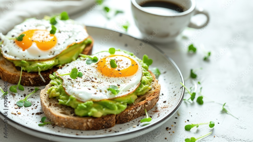 Avocado Egg Sandwiches and coffee for healthy breakfast. Whole grain toasts with mashed avocado, fried eggs and organic microgreens on white table. 