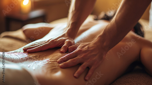 Hands give a calming back massage with oil to a young female, highlighting wellness and relaxation.