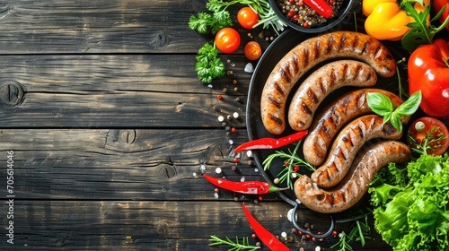 fresh grilled sausages with vegetables on wooden table, top view. Space for text  photo