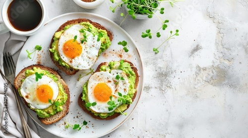 Avocado Egg Sandwiches and coffee for healthy breakfast. Whole grain toasts with mashed avocado, fried eggs and organic microgreens on white table. 