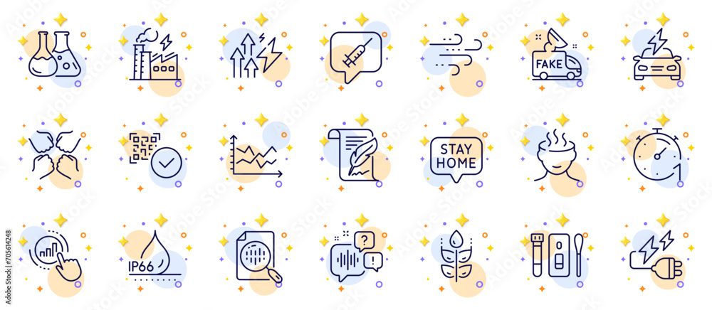 Outline set of Windy weather, Feather and Timer line icons for web app. Include Car charging, Voicemail, Electricity plug pictogram icons. Stress, Qr code, Covid test signs. Fake news. Vector Outline set of Windy weather, Feather and Timer line icons for web app. Include Car charging, Voicemail, Electricity plug pictogram icons. Stress, Qr code, Covid test signs. Fake news. Vector