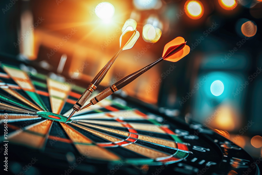 Fototapeta premium Close-up of darts hitting the bullseye on a dartboard, symbolizing precision and success in a leisure game.