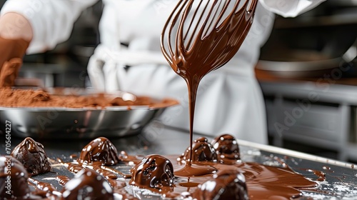 Baker or chocolatier preparing chocolate bonbons whisking the melted chocolate with a whisk dripping onto the counter below  photo