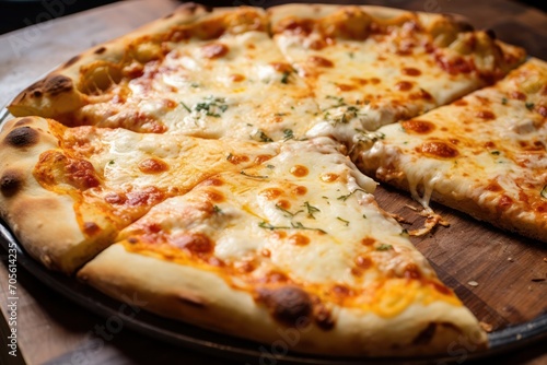 four cheese pizza at pizzeria. Quattro formaggi homemade or take away at home closeup served on wooden board 
