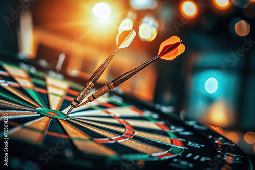 Close-up of darts hitting the bullseye on a dartboard, symbolizing precision and success in a leisure game. photo