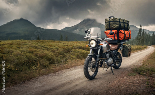Adventurous motorcycle rider on the road on a motorcycle with camping bags