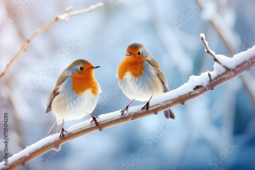 Two Robins in a Wintry Dance, Perched on Snow-Dusted Berries - A Harmony of Nature. Generative AI